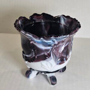 Imperial Purple Slag Glass Winged Scroll Footed Dish, 1960s.